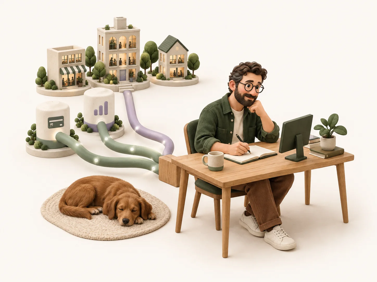 Oskar quietly reviewing customer patterns at his oak desk, with data flowing through curved pipes and his dog asleep beside him